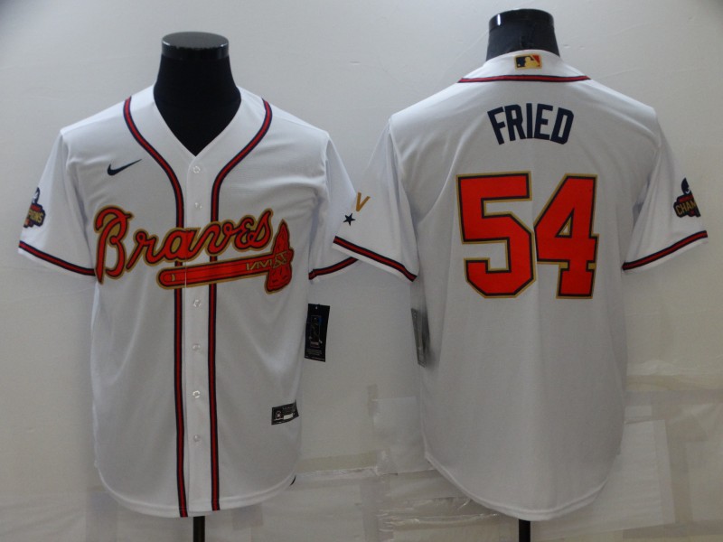 Braves 54 Max Fried White 2022 Gold Program Nike Cool Base Jersey,We sell and wholesale Braves 54 Max Fried White 2022 Gold Program Nike Cool Base Jersey on line form chian!